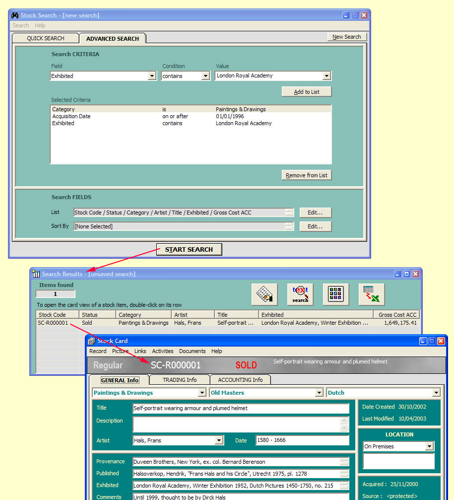 Find information quickly and easily

The Advanced Search facility where you can create and save complex searches; the Search Results form displaying the records matching this criteria; and the Stock Card for one of these records