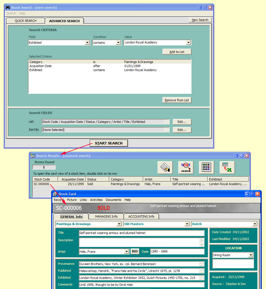 Find information quickly and easily

The Advanced Search facility where you can create and save complex searches; the Search Results form displaying the records matching this criteria; and the Stock Card for one of these records