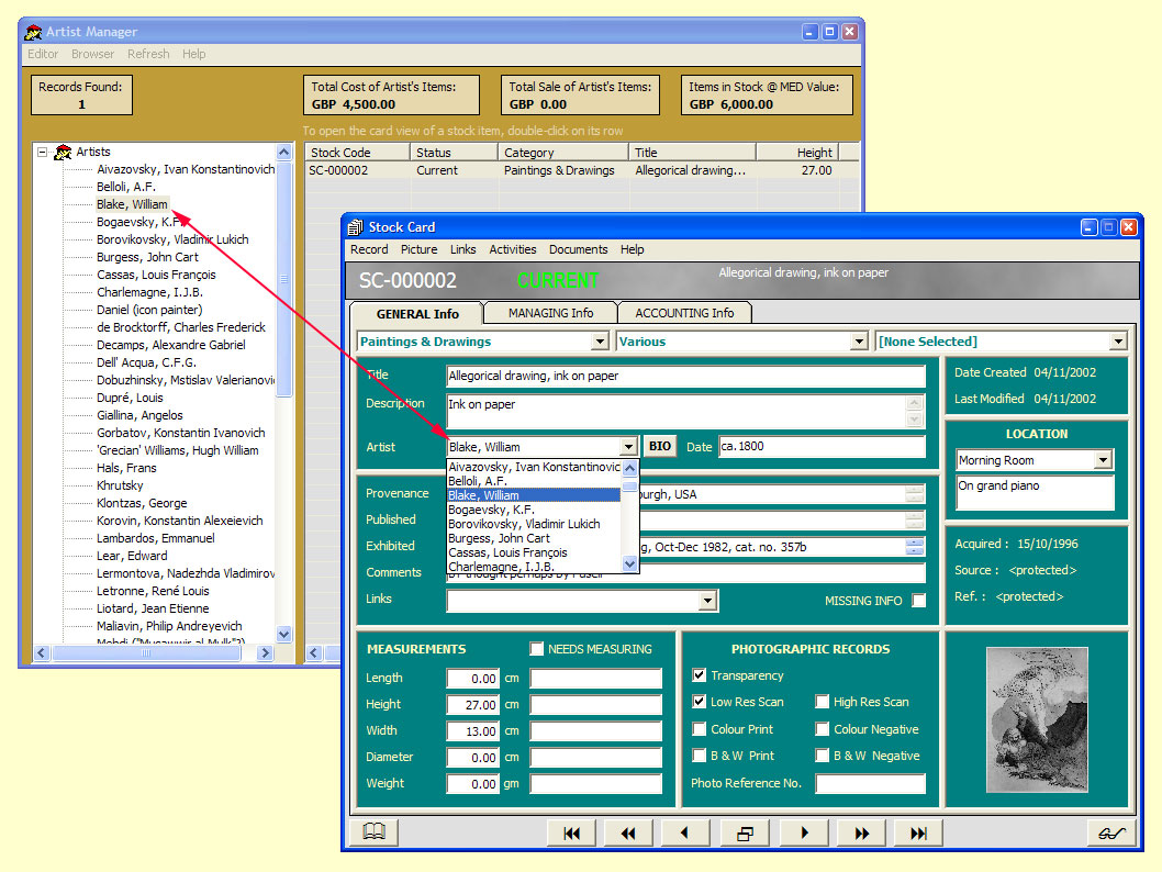 Organise your stock according to Artist

The Artist Manager where the names of 'artists' are defined and a Stock Card showing how a record is assigned to a specific artist