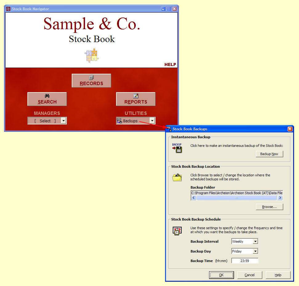 Stock data backups

The Stock Book Backups facility where you can either make instantaneous backups of your stock data or schedule backups to take place at regular intervals