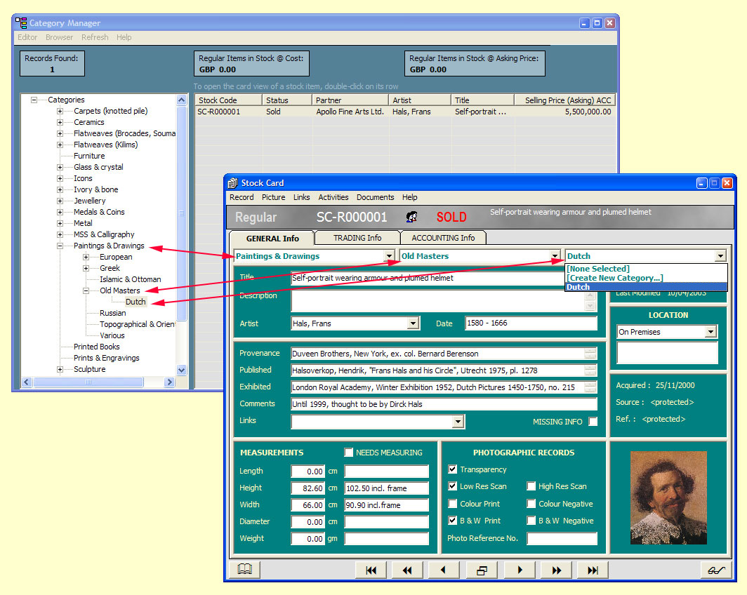 Organise your stock into customised Categories

The Category Manager where categories & sub-categories of your stock are defined and a Stock Card showing how a record is assigned to specific categories