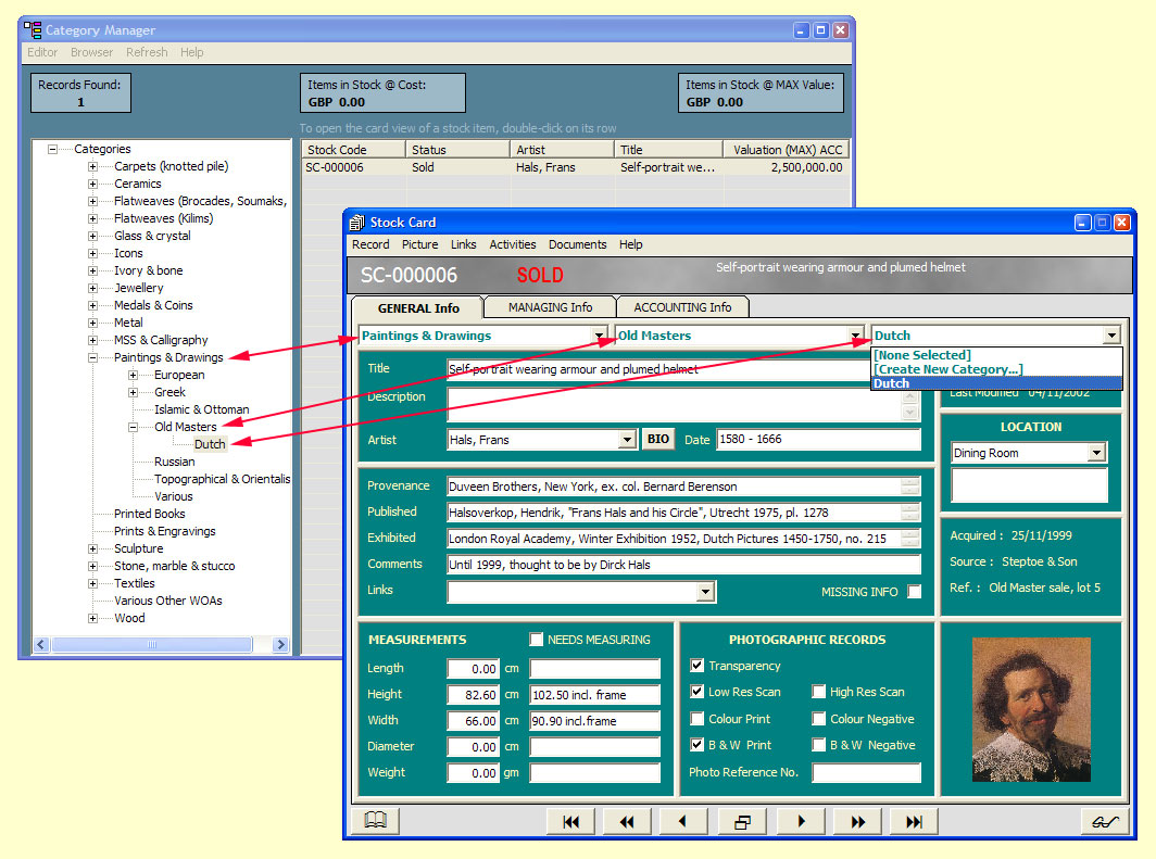 Organise your stock into customised Categories

The Category Manager where categories & sub-categories of your collection are defined and a Stock Card showing how a record is assigned to specific categories