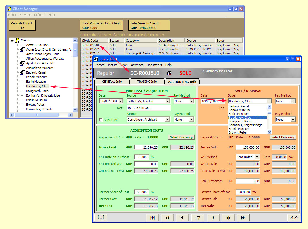 Manage your Contact and Client lists

The Client Manager where the names of people you do business with are defined and a Stock Card showing how anyone on this list can be selected as the source or buyer of an item