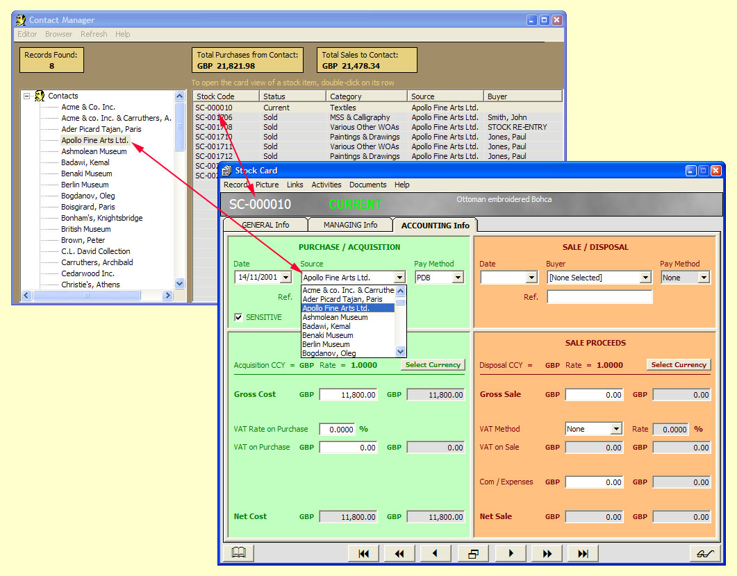 Manage your Contact and Client lists

The Contact Manager where the names of people you do business with are defined and a Stock Card showing how anyone on this list can be selected as the source or buyer of an item