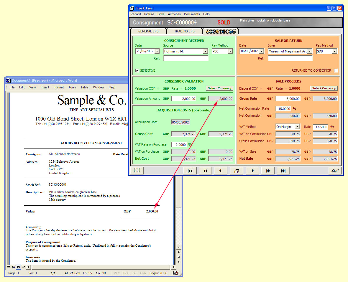 Act as an agent for a seller

The accounting facility of a Stock Card where you can record every aspect of the trade of an item which has been entrusted to you on a 'Sale or Return' basis. Your commission, the VAT and the net amounts will be autocalculated after the basic details of the trade have been entered. Shown here also is the receipt for the consignor detailing the terms of the agreement between you