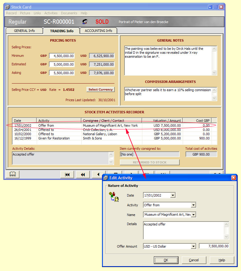 Deal with your customers

The trading facility in a Stock Card where you can enter pricing guidelines and record any offers made or received for an item