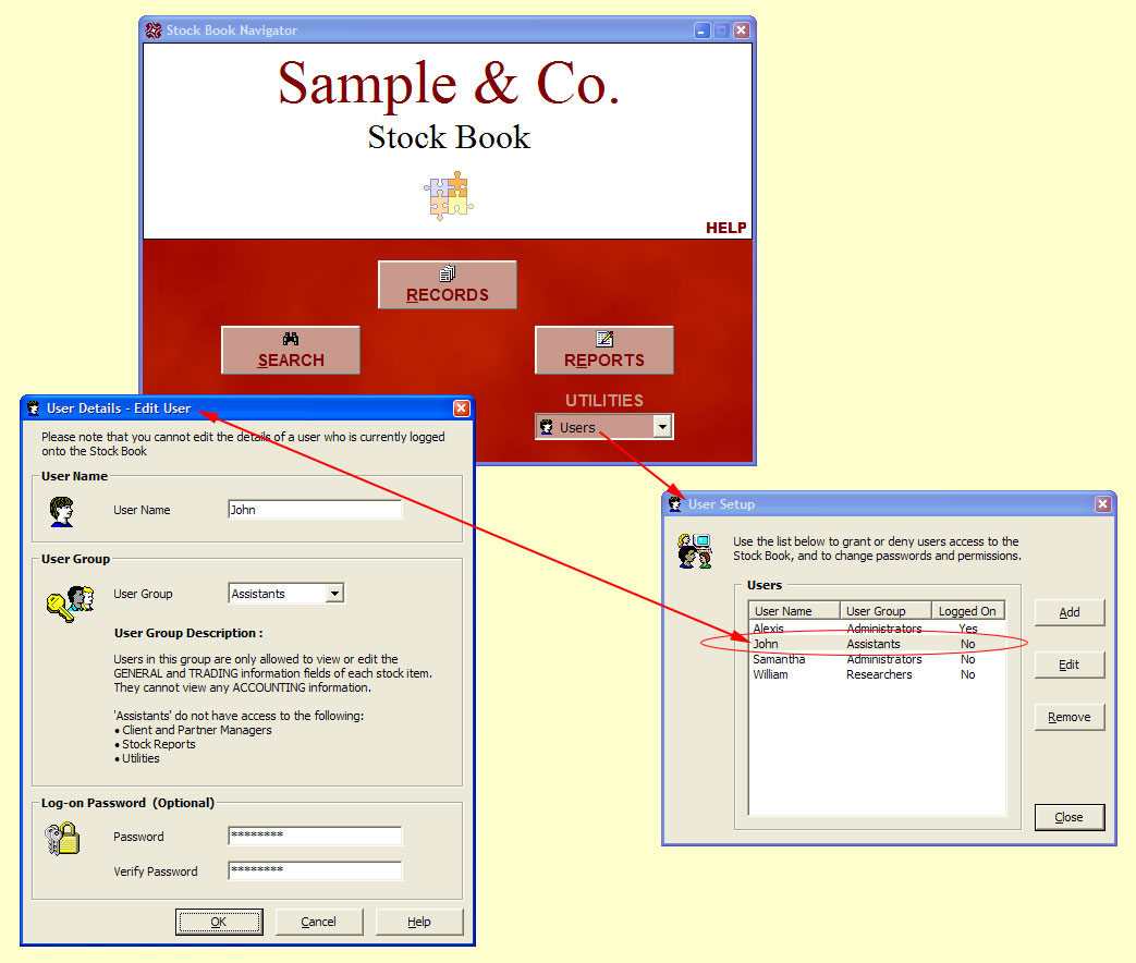 Data security

The User Setup facility where you can control access to the Stock Book.  You can add and remove users, as well as assign different access priviledges to each one