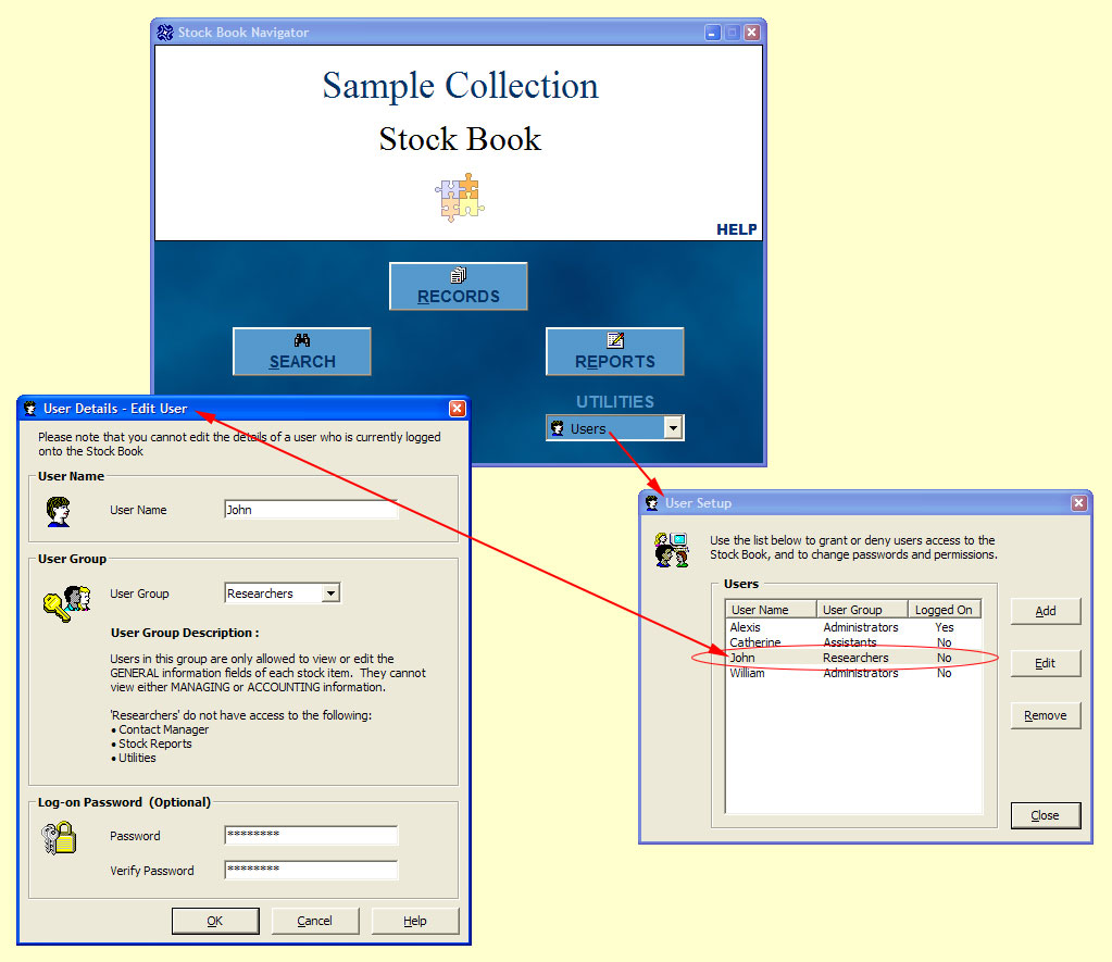 Data security

The User Setup facility where you can control access to the Stock Book.  You can add and remove users, as well as assign different access priviledges to each one