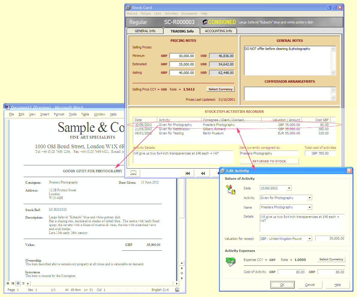 Track your holdings and expenses

The trading facility in a Stock Card where you can document temporary consignments to restorers, photographers, shippers etc., generate the appropriate receipts and record the expenses incurred by each of these activities.