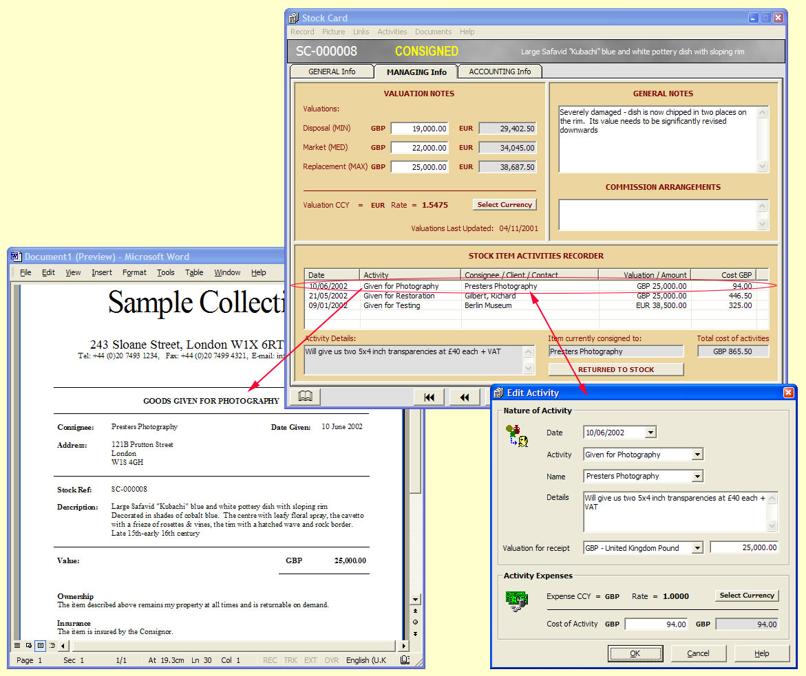 Track your holdings and expenses

The managing facility in a Stock Card where you can document temporary consignments to restorers, photographers, shippers etc., generate the appropriate receipts and record the expenses incurred by each of these activities.