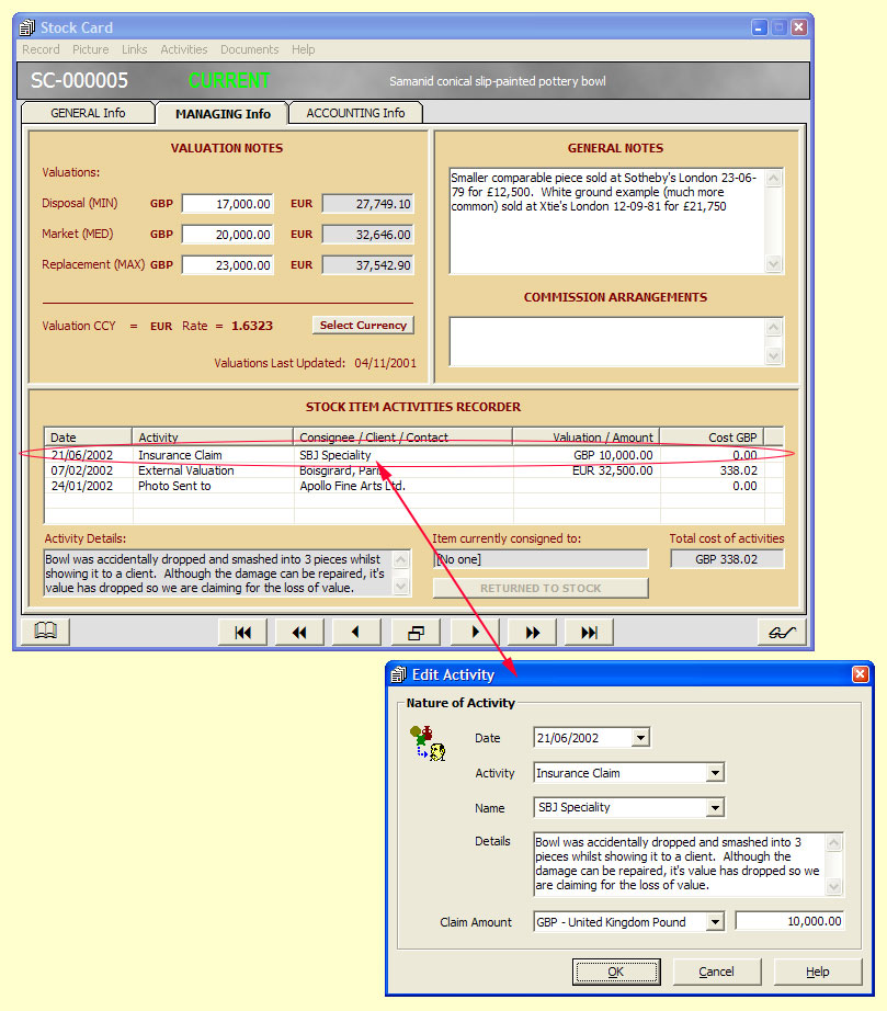 Insuring your collection

The managing facility in a Stock Card where you can set valuation guidelines.  You can also record any external valuation of this stock item you may have received and any insurance claim you may have made in case of damage, theft or loss.