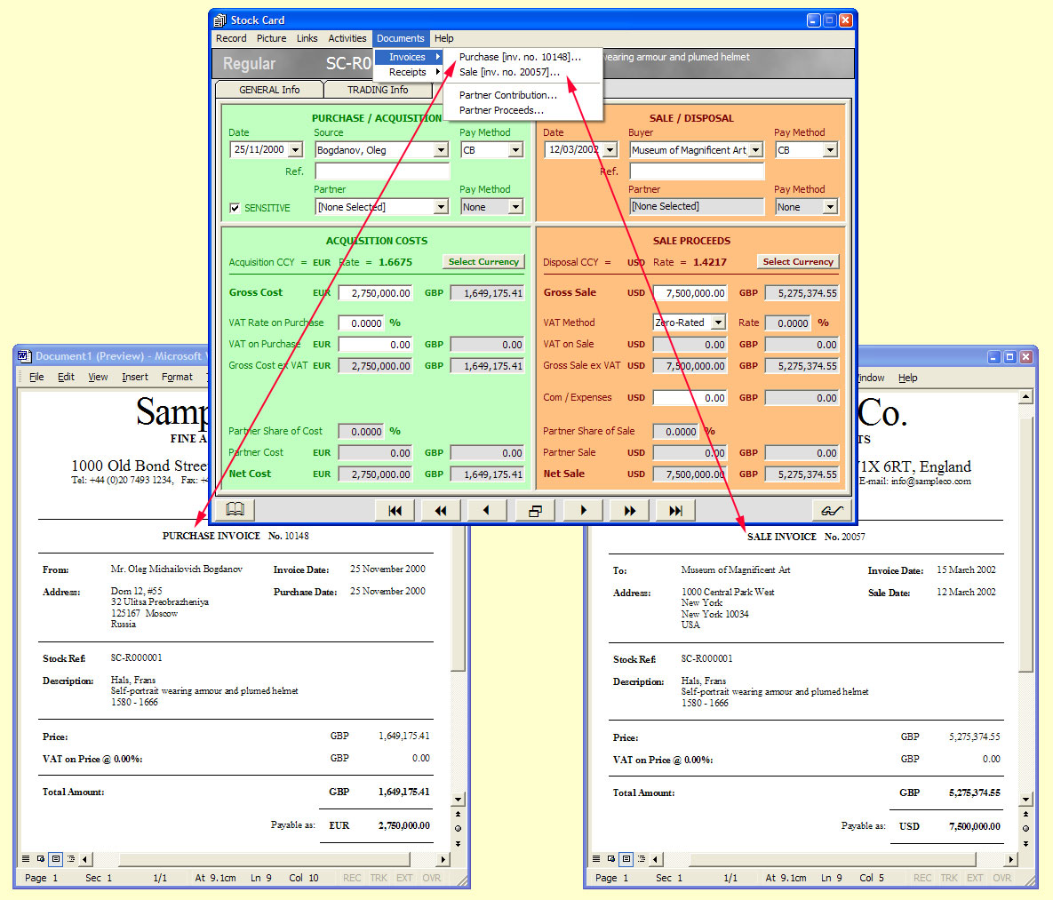 Invoices

A Stock Card showing how you can generate invoices for both the purchase and the sale of a stock item.  The addresses on the invoices shown were automatically retrieved from Microsoft Outlook