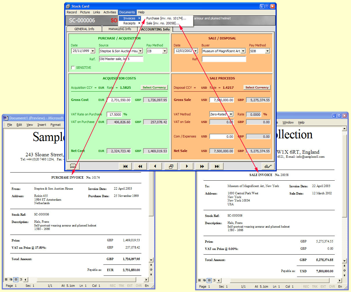 Invoices

A Stock Card showing how you can generate invoices for both the purchase and the sale of an item in your collection.  The addresses on the invoices shown were automatically retrieved from Microsoft Outlook