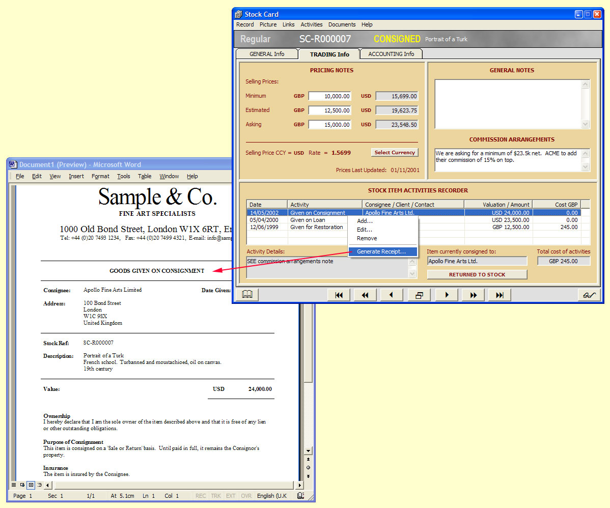 Record consignment and loan agreements

The trading facility in a Stock Card where you can document loan agreements and possible deals concerning items which you are entrusting for sale to a third party (e.g., an auction house, or another dealer on a Sale or Return basis).