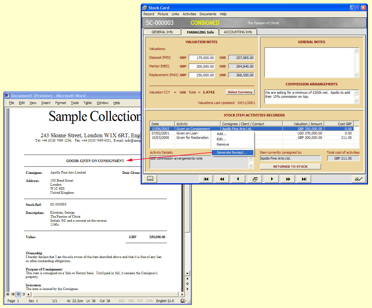 Record consignment and loan agreements

The managing facility in a Stock Card where you can document loan agreements and possible deals concerning items which you are entrusting for sale to a third party (e.g., an auction house, or another dealer on a Sale or Return basis).