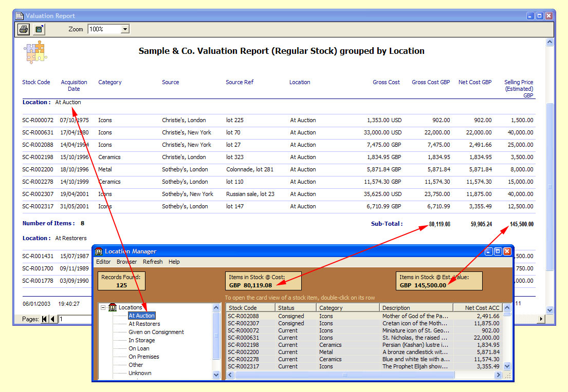 Keep track of your stock

The Location Manager where the locations in which you keep your stock are defined and a Stock Report illustrating how a stock valuation can be broken down by location