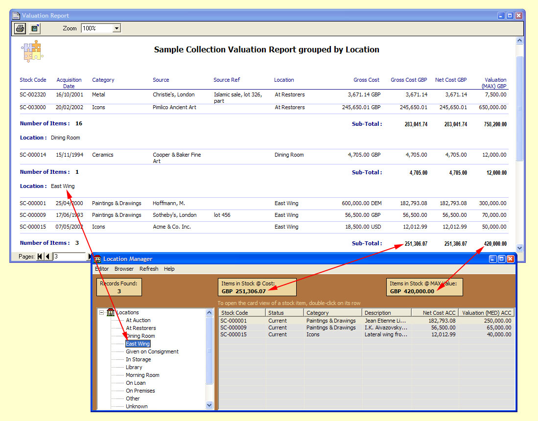 Keep track of your stock

The Location Manager where the locations in which you keep your collection are defined and a Stock Report illustrating how an insurance valuation can be broken down by location