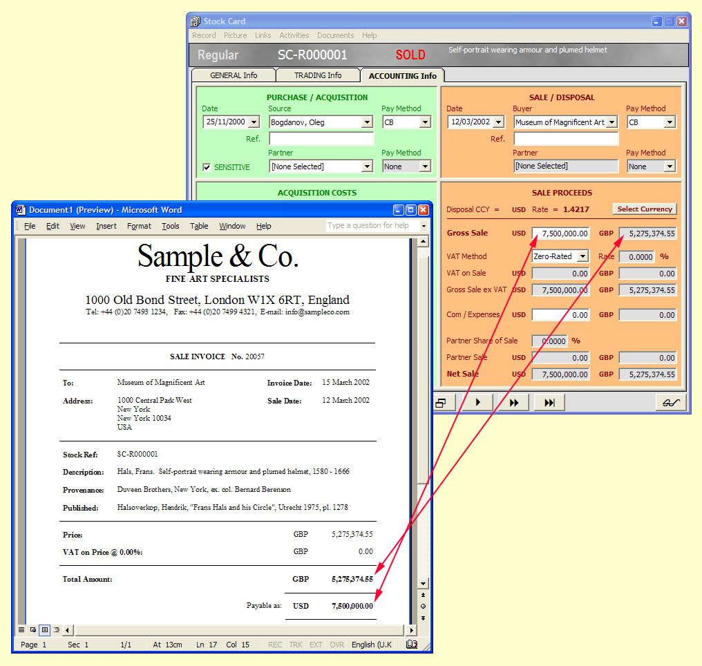 Multi-currency transactions

The accounting facility of a Stock Card showing how you can record the details of a transaction in both your own and a foreign currency, and a sale invoice showing the selling price in both currencies