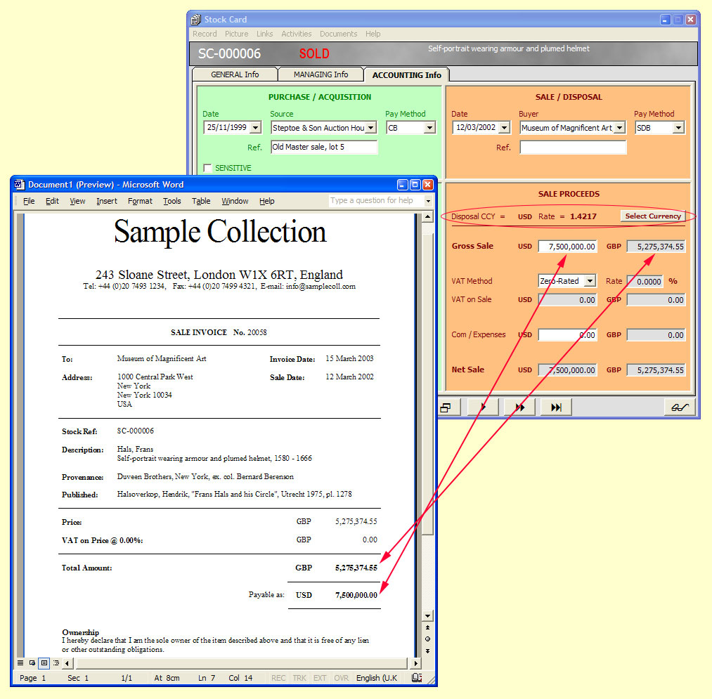 Multi-currency transactions

The accounting facility of a Stock Card showing how you can record the details of a transaction in both your own and a foreign currency, and a sale invoice showing the selling price in both currencies