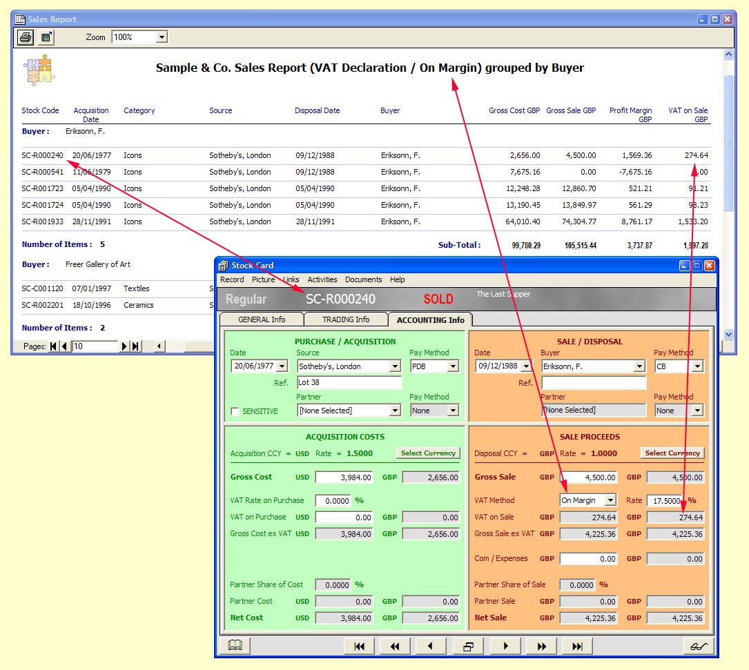 Operate under the Margin Scheme

The accounting facility of a Stock Card showing the autocalculation of VAT under the Margin Scheme, and a Stock Report illustrating how ARCHEION can assist you with your VAT declarations