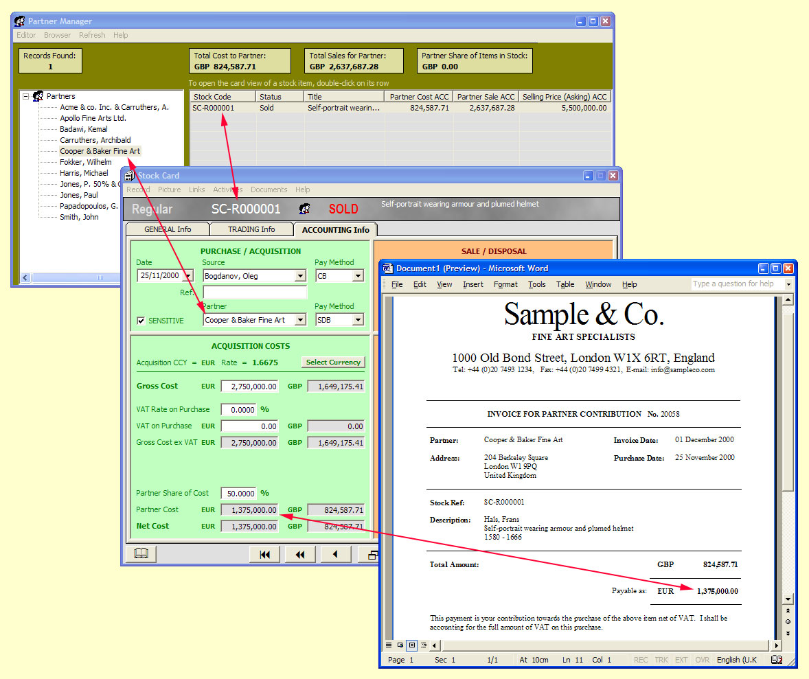 Partnership (joint ownership) deals

The Partner Manager where the names of people with whom you buy and sell items jointly are defined; the accounting facility of a Stock Card where the details of a joint ownership are recorded; and an invoice showing your partner's contribution towards the cost of an item