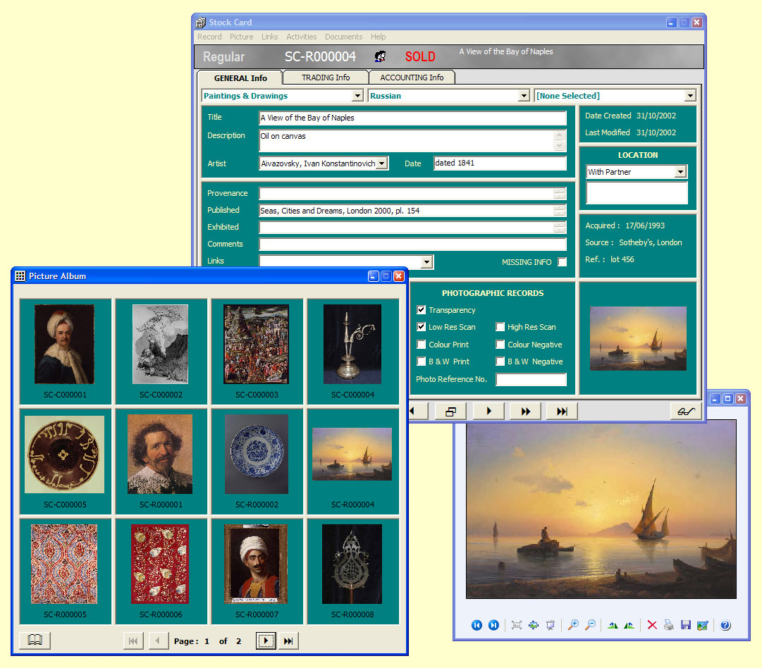 Attach pictures of your stock

A Stock Card showing the thumbnail of a picture attached to that record; a Picture Album displaying a selection of thumbnails of your stock; and a full-size picture of the item opened from either thumbnail