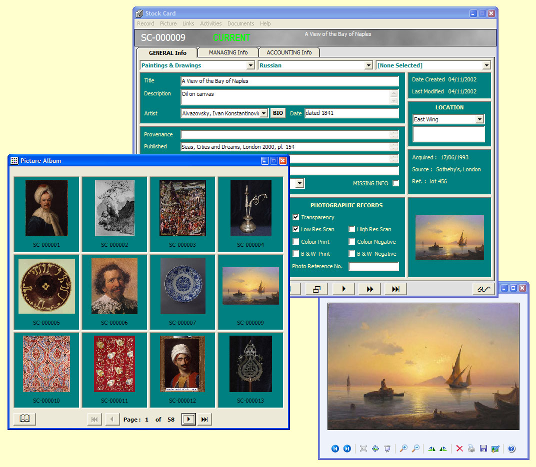 Attach pictures of your stock

A Stock Card showing the thumbnail of a picture attached to that record; a Picture Album displaying a selection of thumbnails of your collection; and a full-size picture of the item opened from either thumbnail