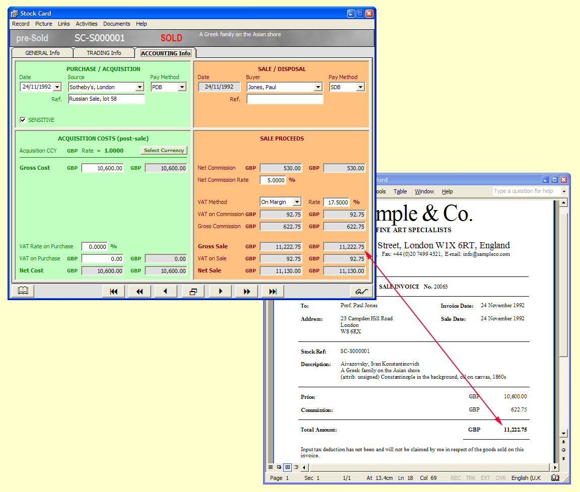 Act as an agent for a buyer

The accounting facility of a Stock Card where you can record every aspect of the trade of an item which you have been asked to acquire on a client's behalf. Your commission, the VAT and the net amounts will be autocalculated after the basic details of the trade have been entered. Shown here also is the invoice for the buyer in accordance with the terms of the agreement between you