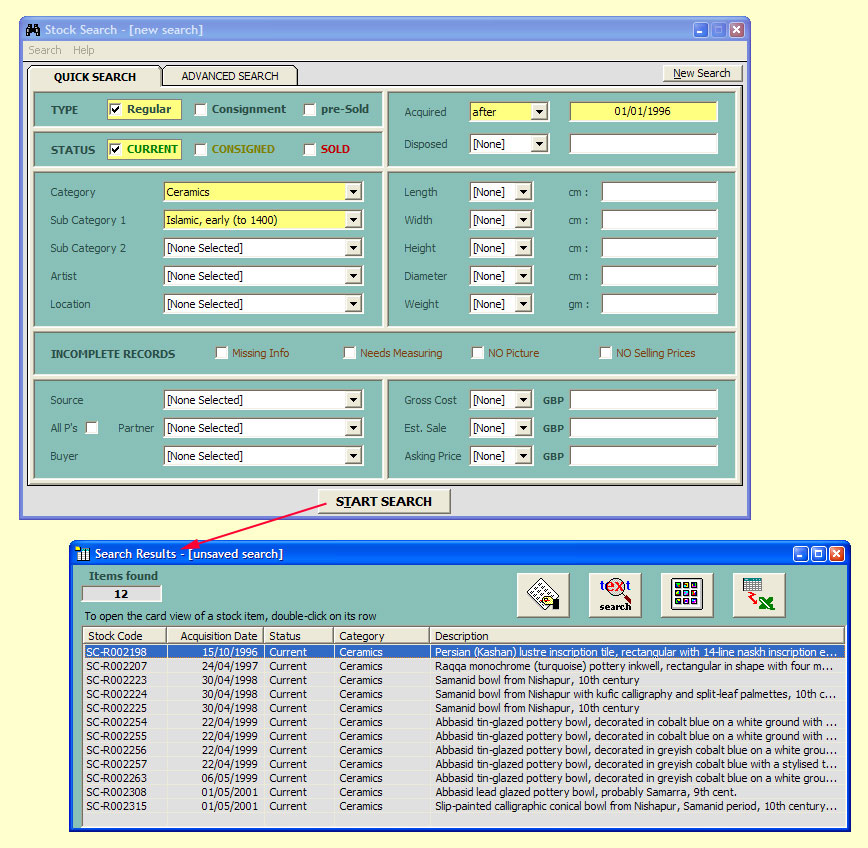 Find information quickly and easily

The Quick Search facility where you can define the principal criteria by which you wish to search your stock, and the Search Results form displaying the records matching this criteria