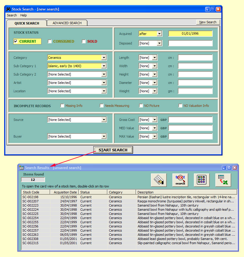 Find information quickly and easily

The Quick Search facility where you can define the principal criteria by which you wish to search your collection, and the Search Results form displaying the records matching this criteria