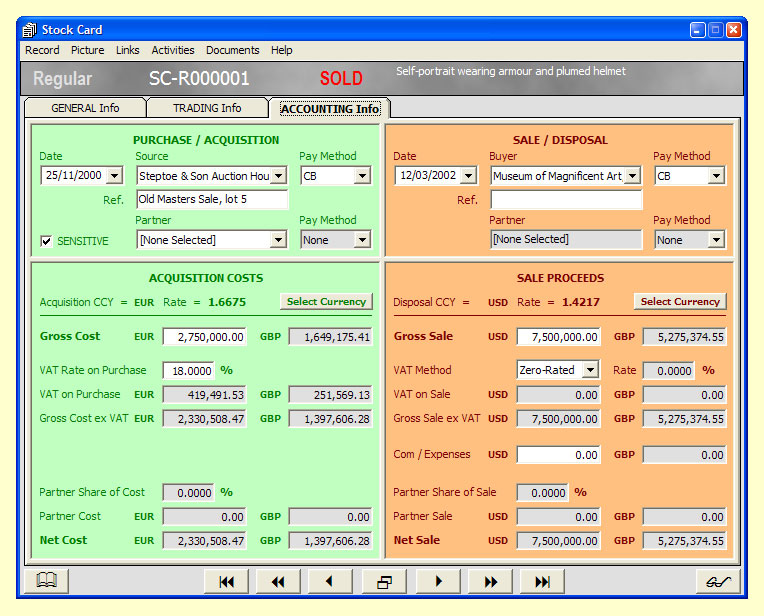 Buy and sell items

The accounting facility of a Stock Card showing the autocalculation of VAT and net amounts after the basic details of the purchase or sale of a stock item have been entered