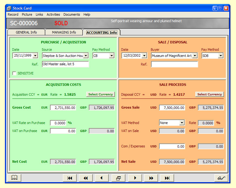 Buy and sell items

The accounting facility of a Stock Card showing the autocalculation of VAT and net amounts after the basic details of the purchase or sale of a stock item have been entered