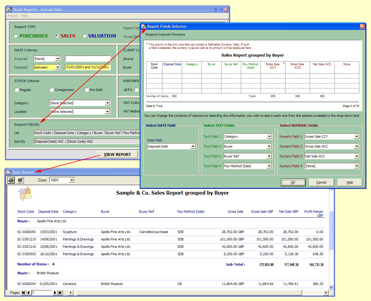 Stock reports at the push of a button

The Stock Reports facility where you can define the type of report you want to generate; the Reports Field Selector where you can select the information to be displayed in the report; and an example of a sales report