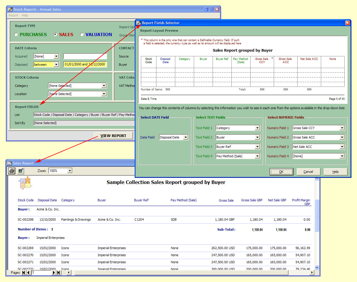 Stock reports at the push of a button

The Stock Reports facility where you can define the type of report you want to generate; the Reports Field Selector where you can select the information to be displayed in the report; and an example of a sales report